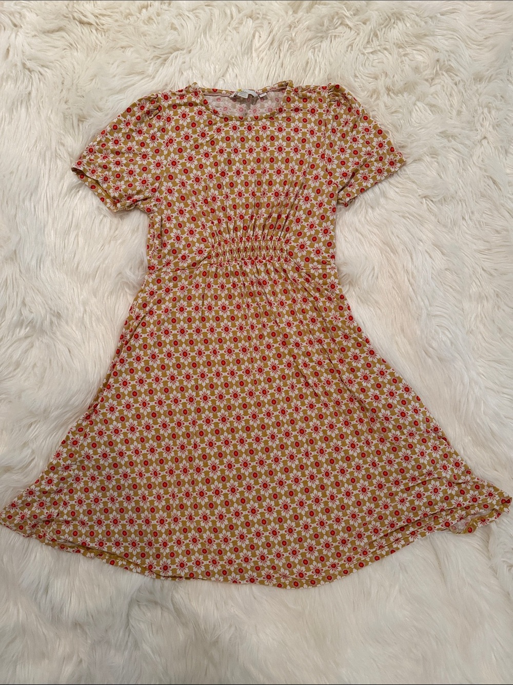 Boden Short-Sleeve Floral Smocked-Waist Dress in Yellow and Red